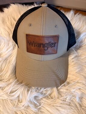 Wrangler Tan and Black Mesh Trucker Cap with Leather Patch